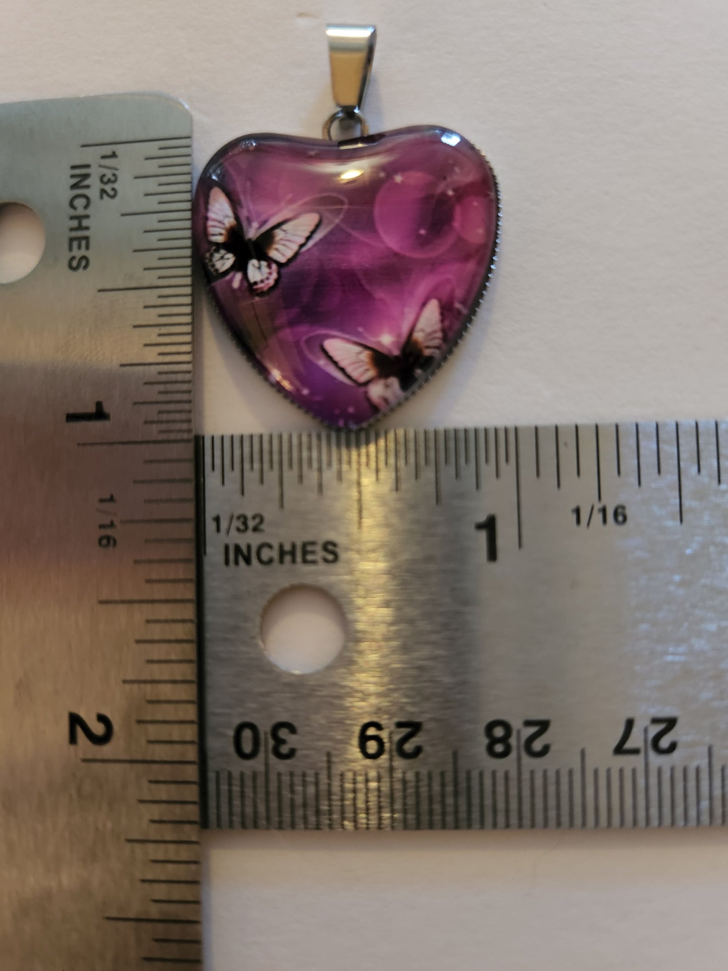 Mauve Butterfly Pattern Drop Necklace With Heart Shape Glass Pendant