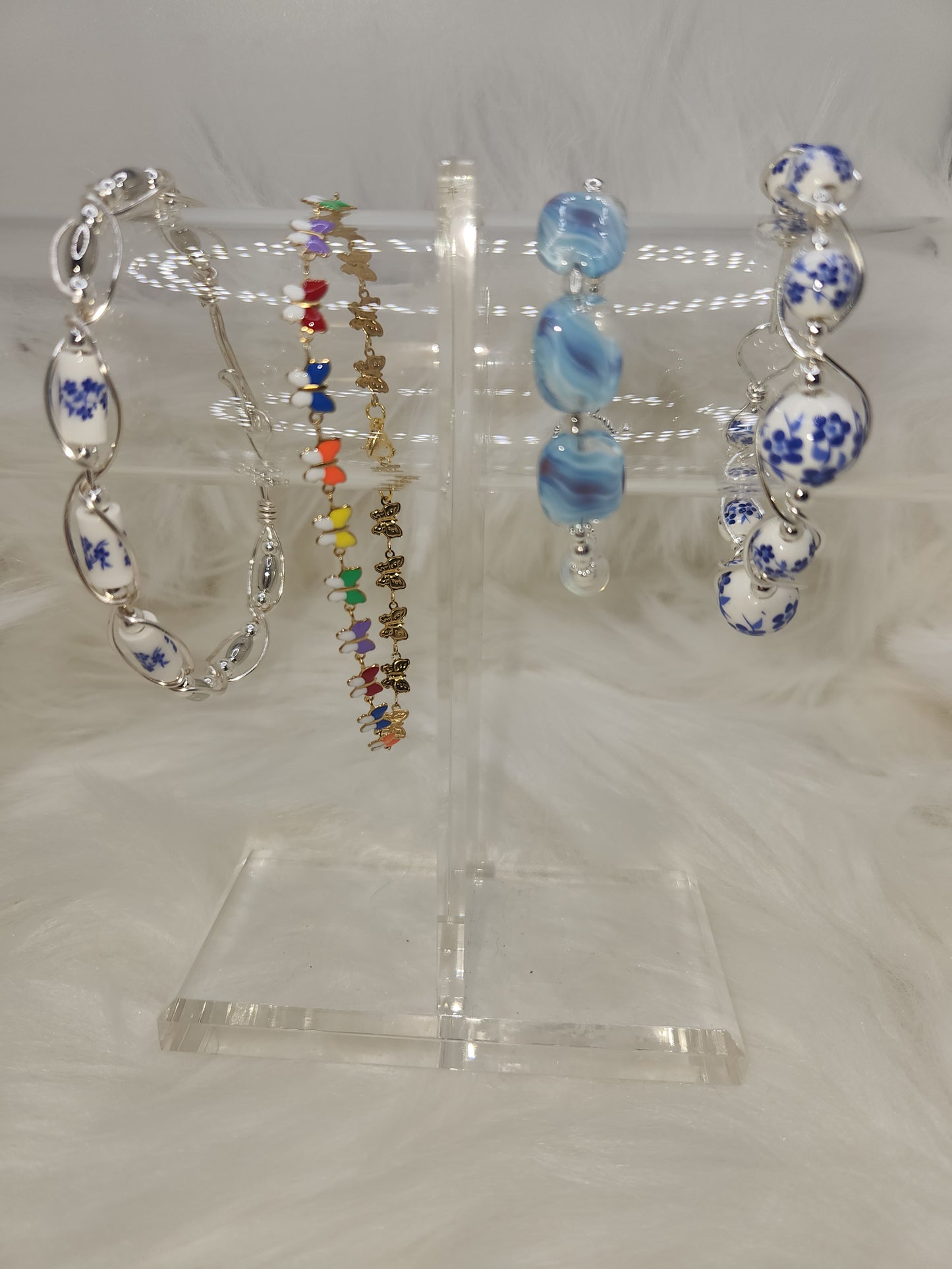 Blue Lentil Glass and Silver Tone Bead Bracelet