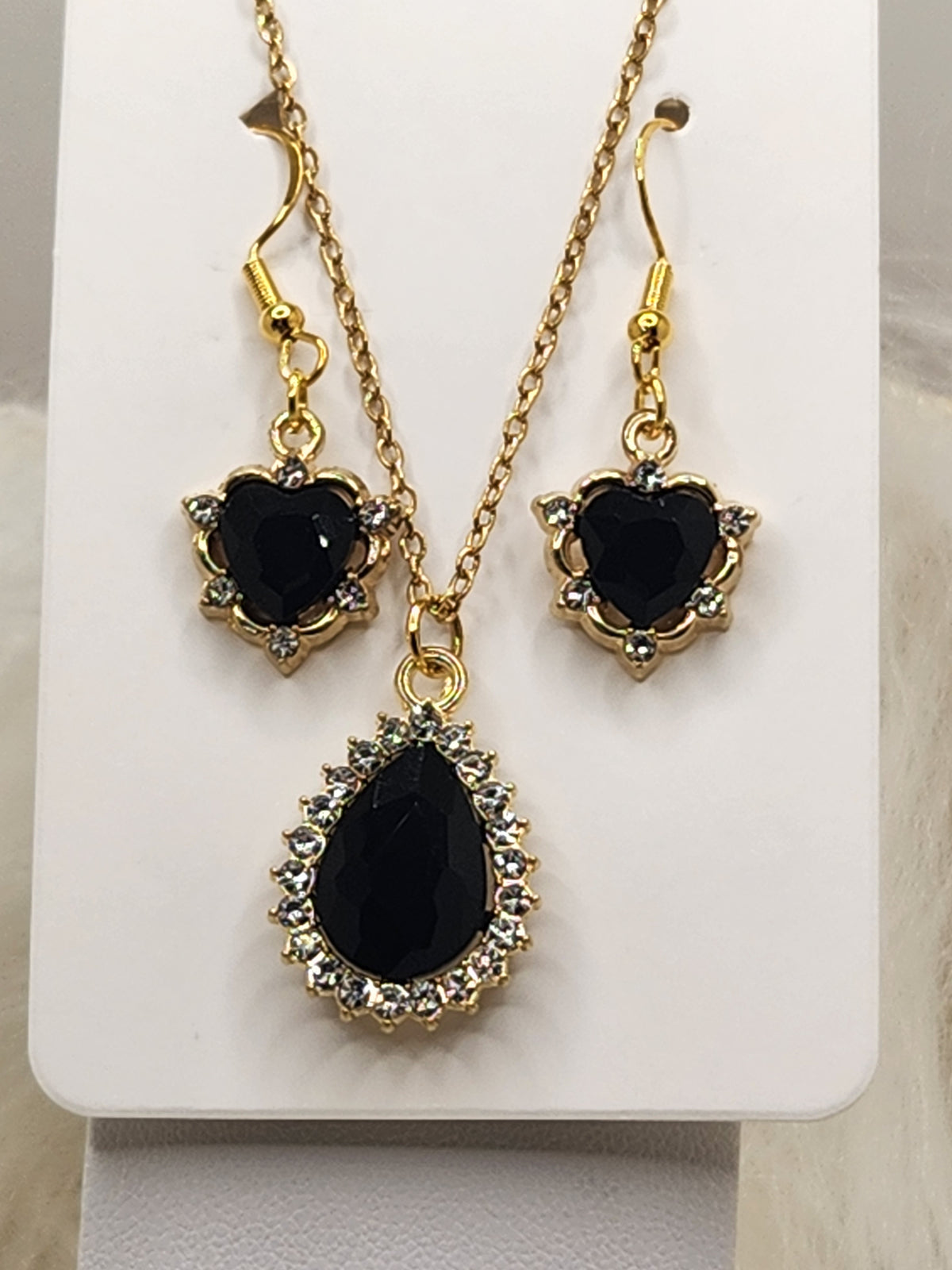Black Crystal Teardrop and Hearts Necklace and Earring Set