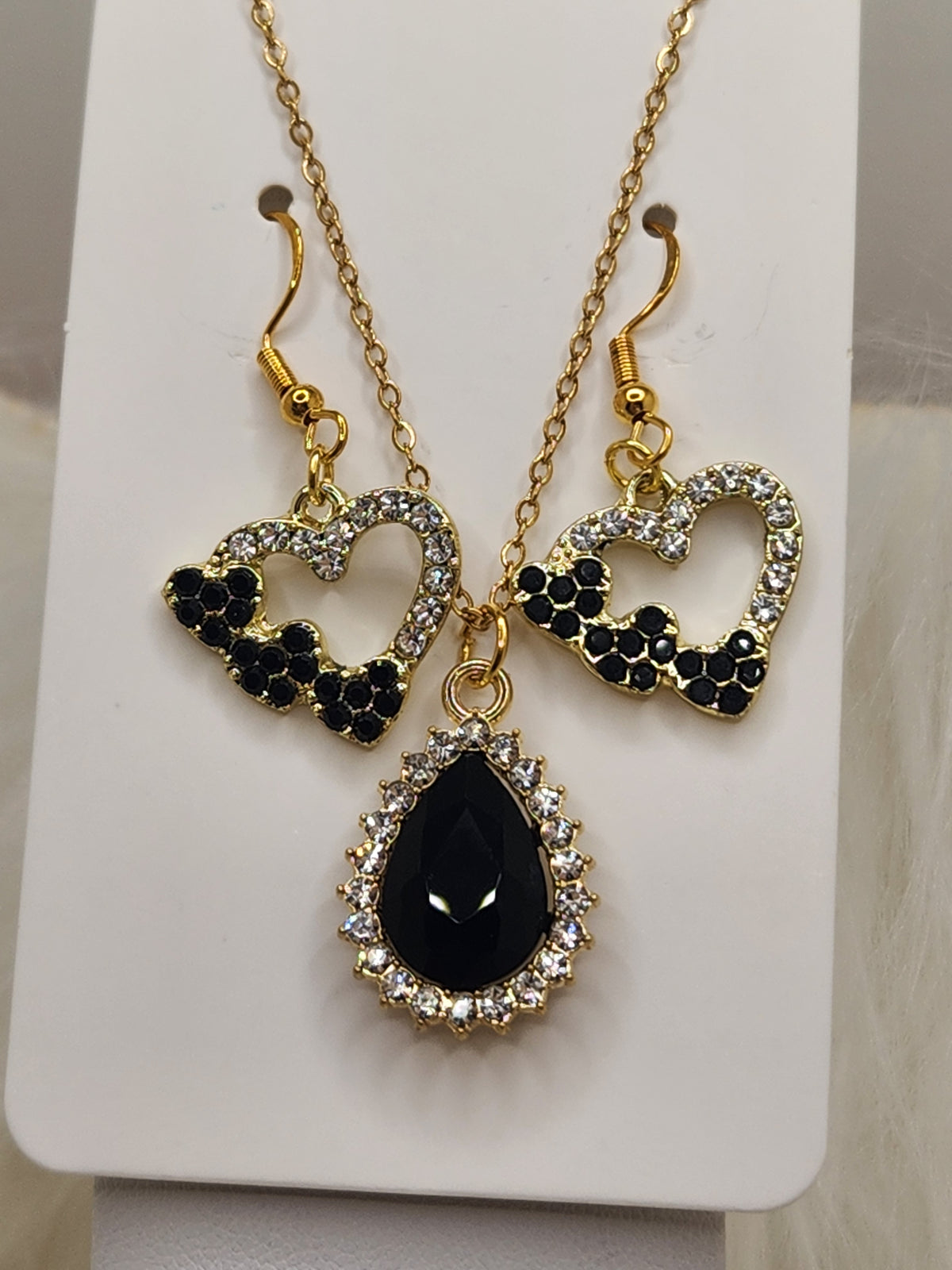 Black Crystal Teardrop Necklace with Hearts on Heart Earrings Set
