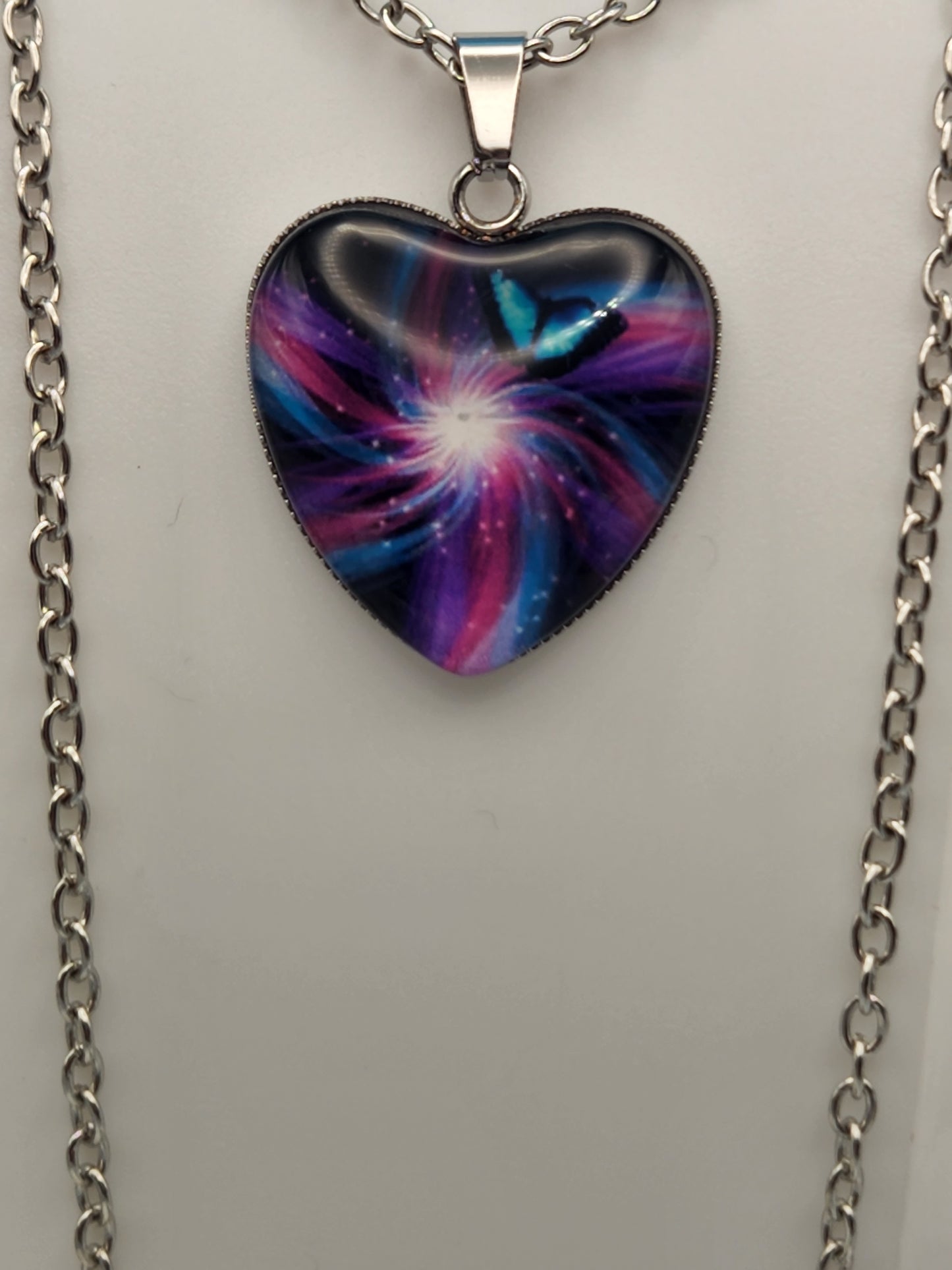 Blue and Mauve Swirl Butterfly Pattern with Heart Shape Glass 1" Necklace