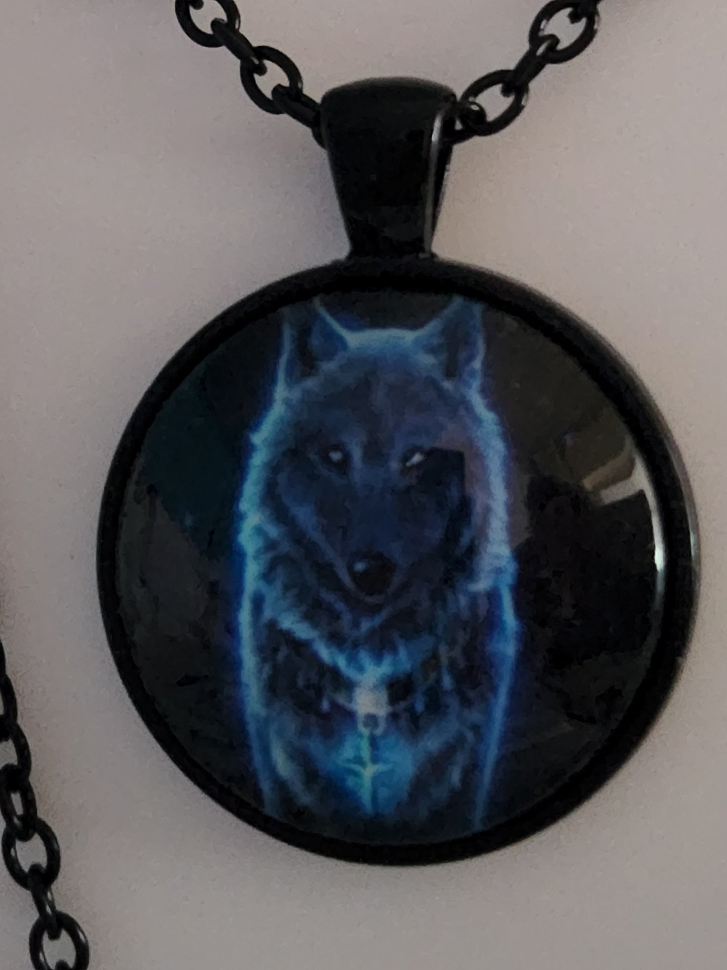 Blue Wolf glow in the dark Necklace with Black Chain