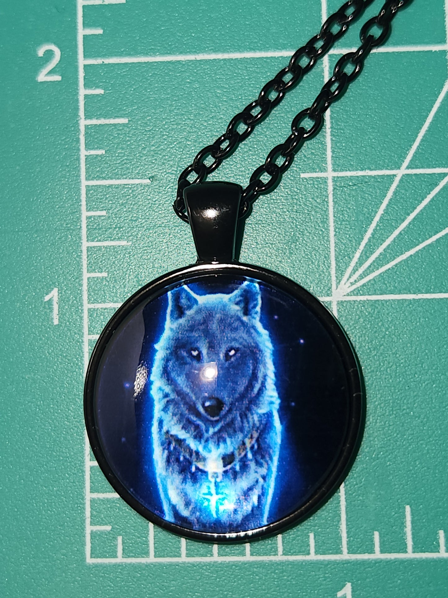 Blue Wolf glow in the dark Necklace with Black Chain