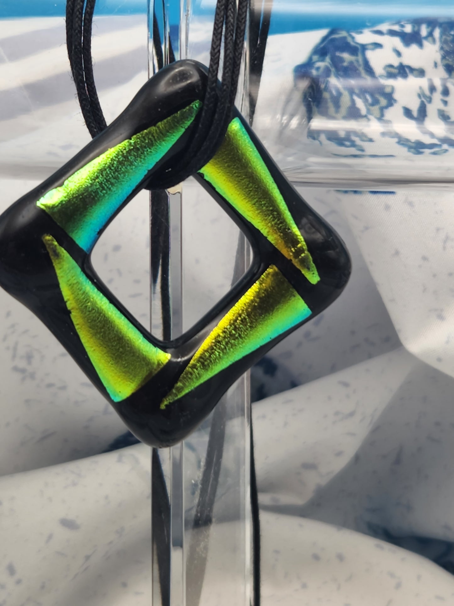 Dichroic Glass Square Necklace with Triple Strand Necklace