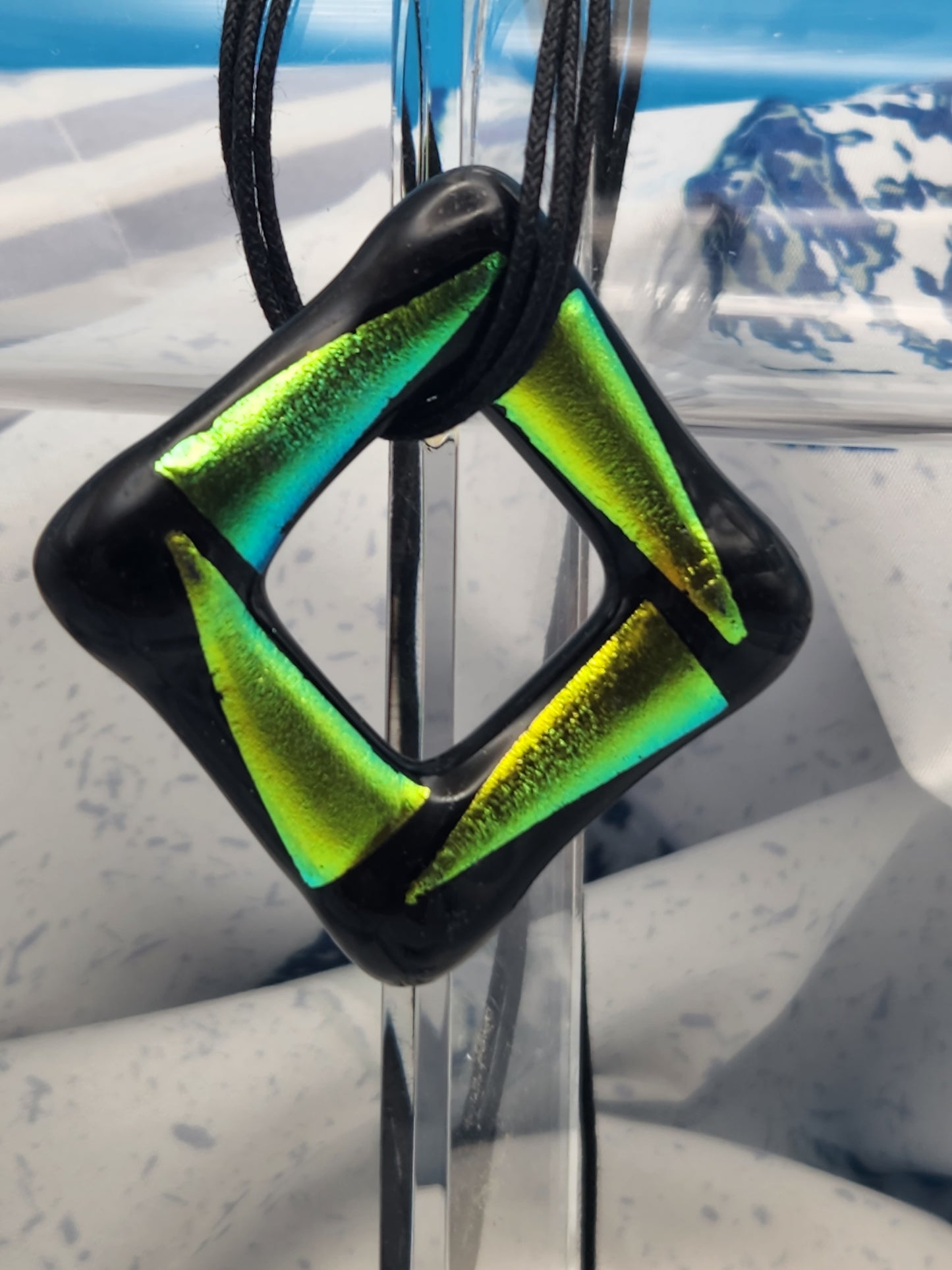 Dichroic Glass Square Necklace with Triple Strand Necklace