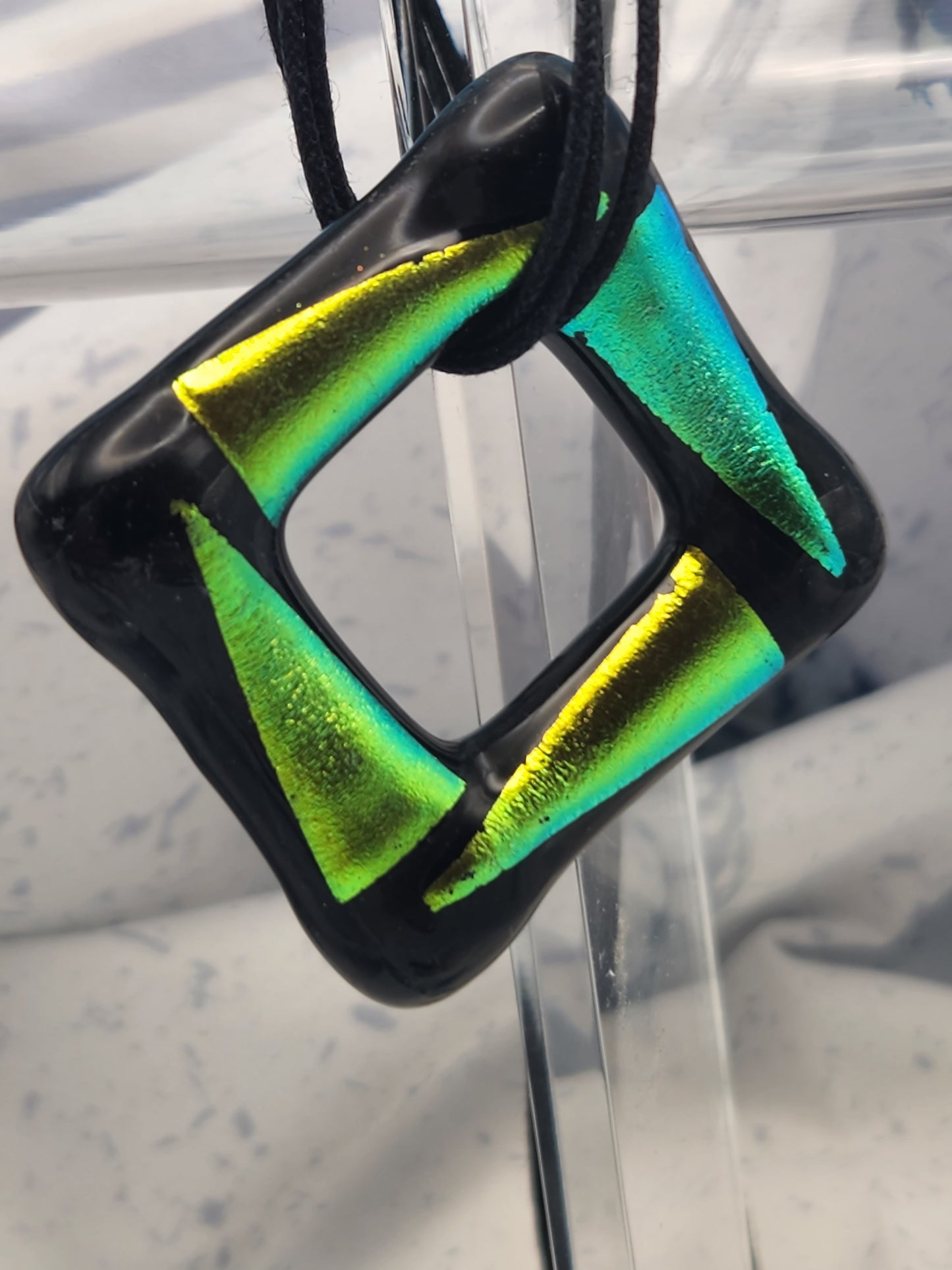 Dichroic Glass Square Necklace with Triple Strand Necklace