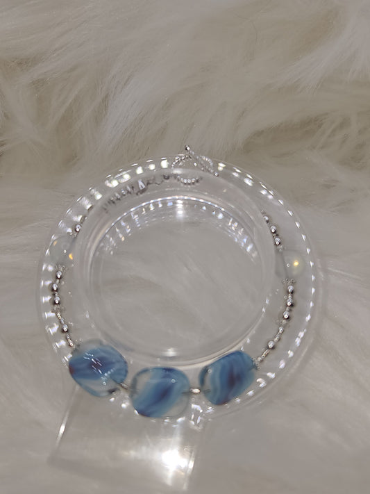 Blue Lentil Glass and Silver Tone Bead Bracelet