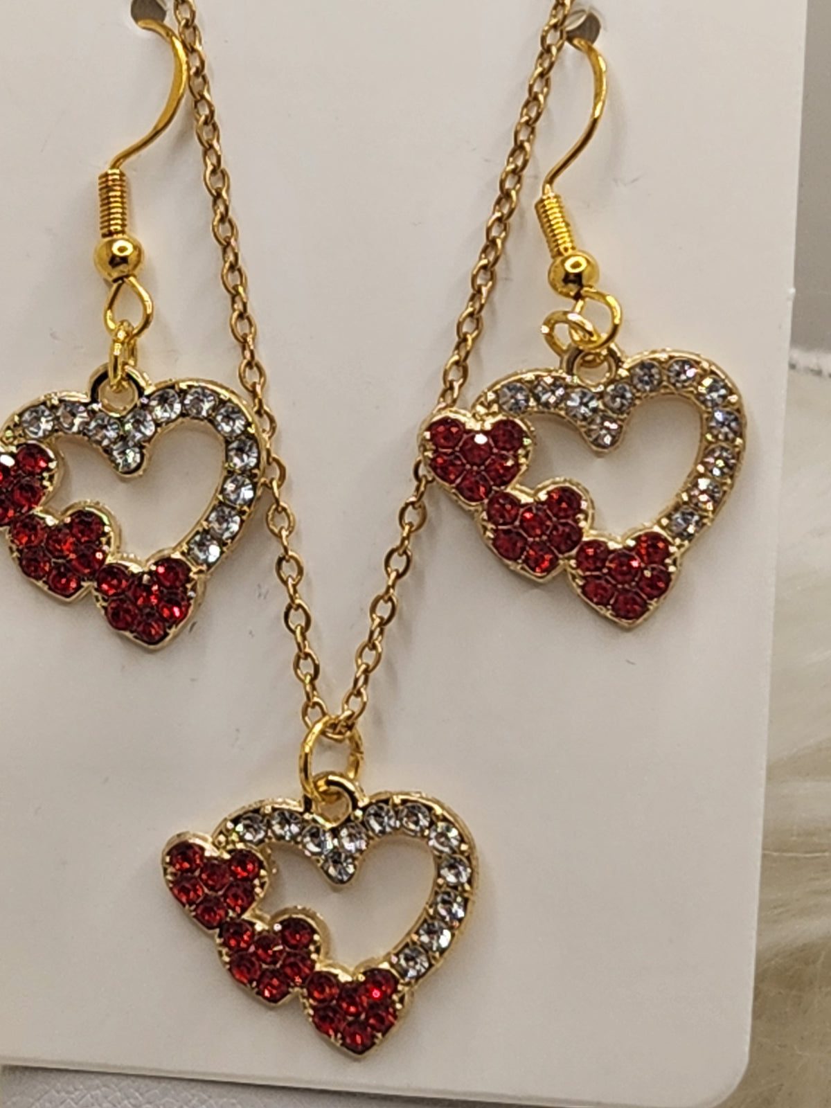 Red Crystal Hearts on Heart Necklace and Earring Set