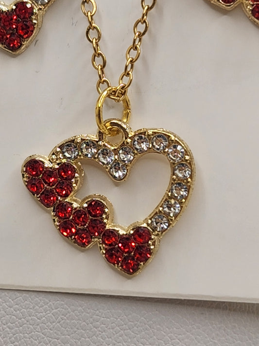 Red Crystal Hearts on Heart Necklace and Earring Set