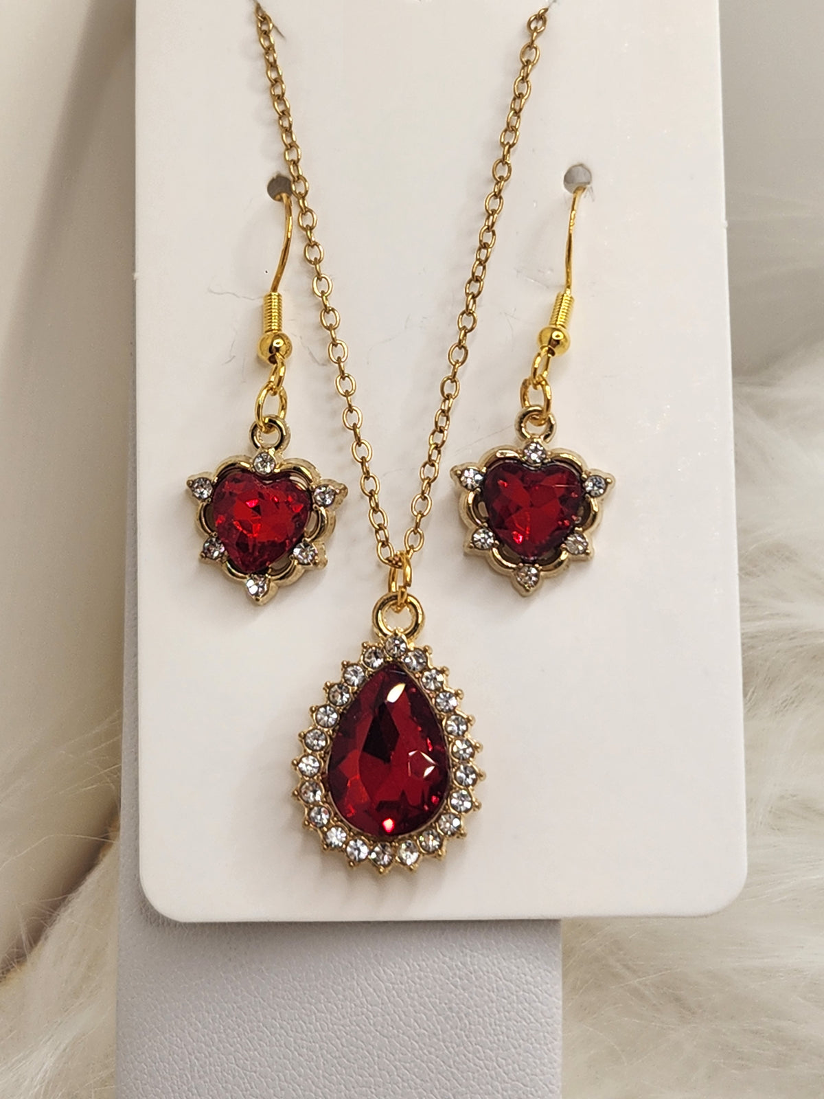 Red Crystal Teardrop and Heart Necklace Earring Set