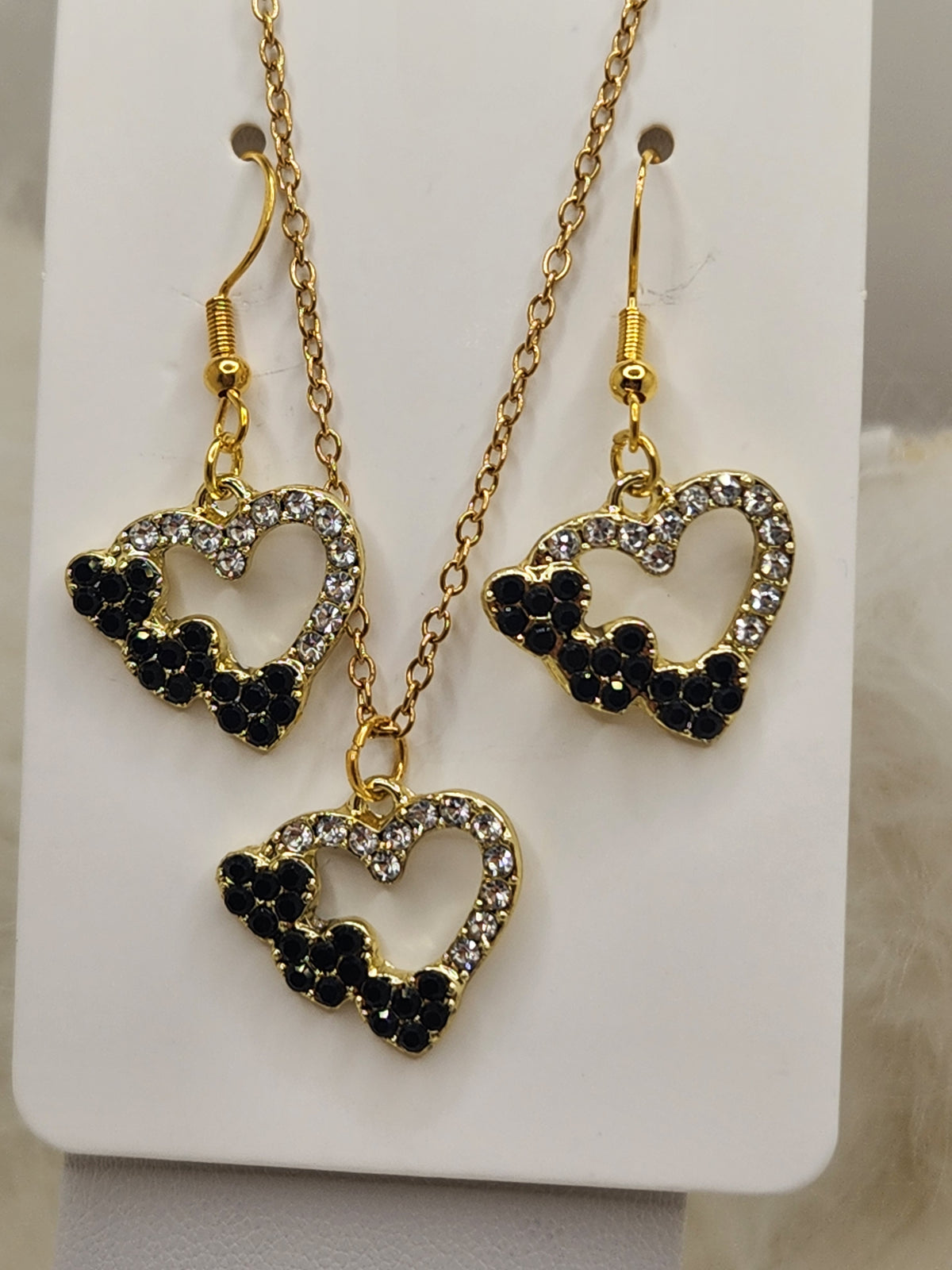 Black Crystal Hearts on Heart Necklace and Earring Set