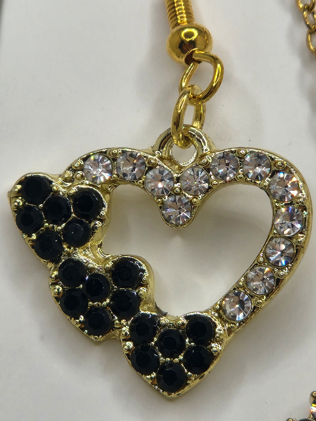 Black Crystal Teardrop Necklace with Hearts on Heart Earrings Set