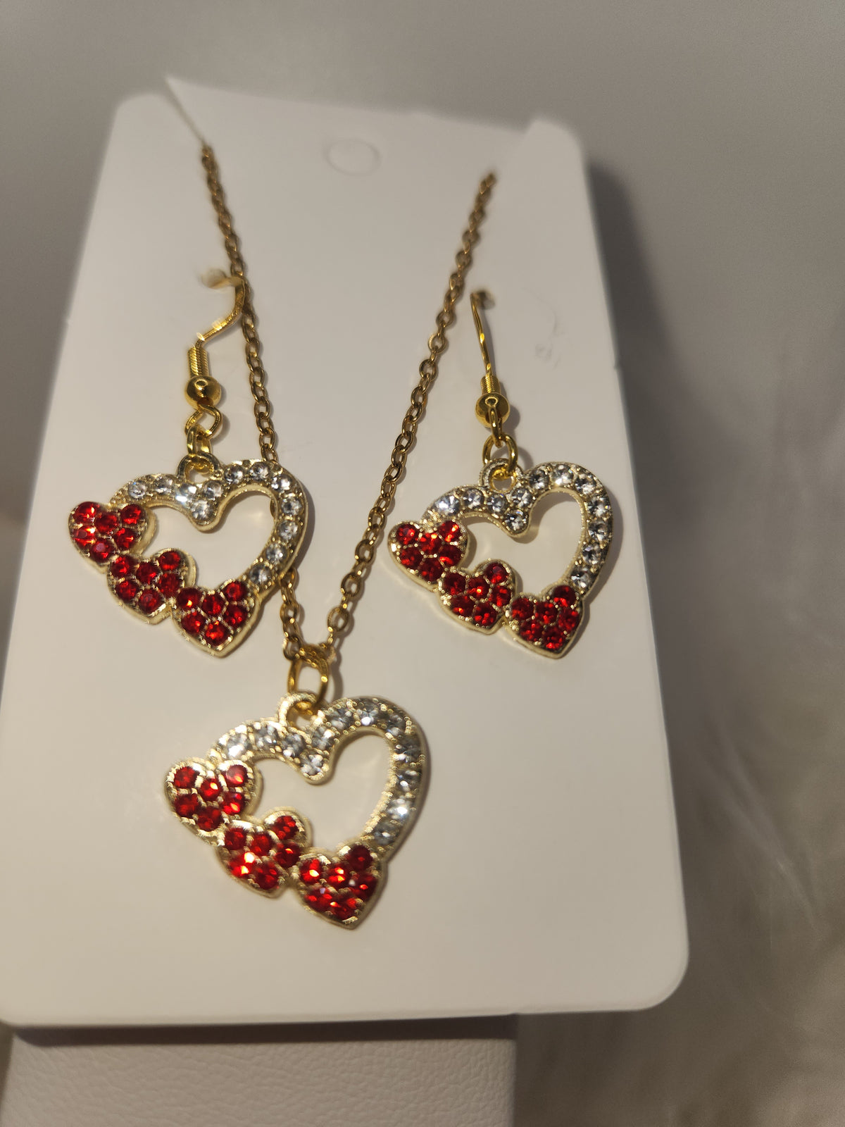 Red Crystal Hearts on Heart Necklace and Earring Set