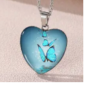 Three Blue Butterfly Pattern with Heart Shape Glass Necklace