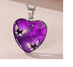 Mauve Butterfly Pattern Drop Necklace With Heart Shape Glass Pendant